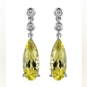 Ouro Verde Quartz and White Zircon Dangle Earrings in Platinum Over SS 925